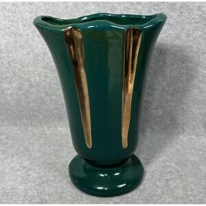 VTG Green Ceramic Pedestal 12" Vase Gold Drip Glaze Fluted Rim Art Pottery Decor